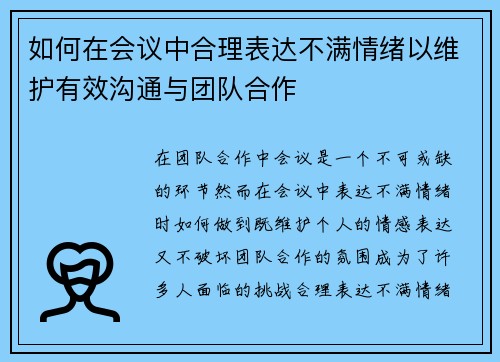 如何在会议中合理表达不满情绪以维护有效沟通与团队合作